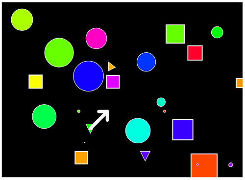 Screenshot of a simple game - black background with random circles, squares and triangles.