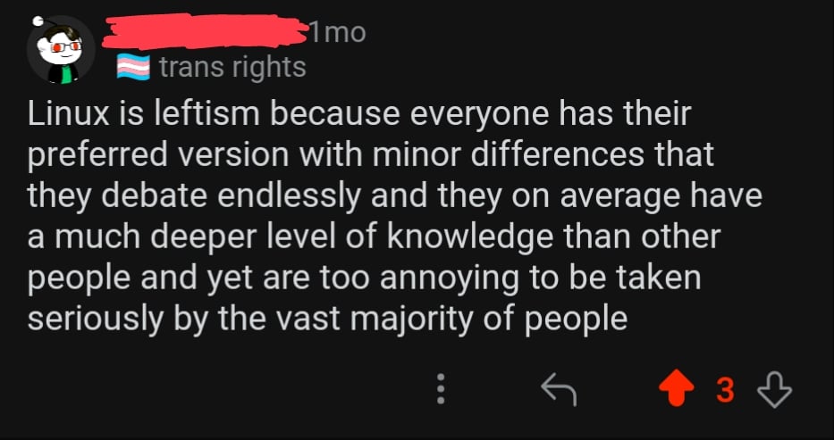 Reddit post that says: Linux is leftism because everyone has their preferred version with minor differences that they debate endlessly and they on average have a much deeper level of knowledge than other people and yet are too annoying to be taken seriously by the vast majority of people.