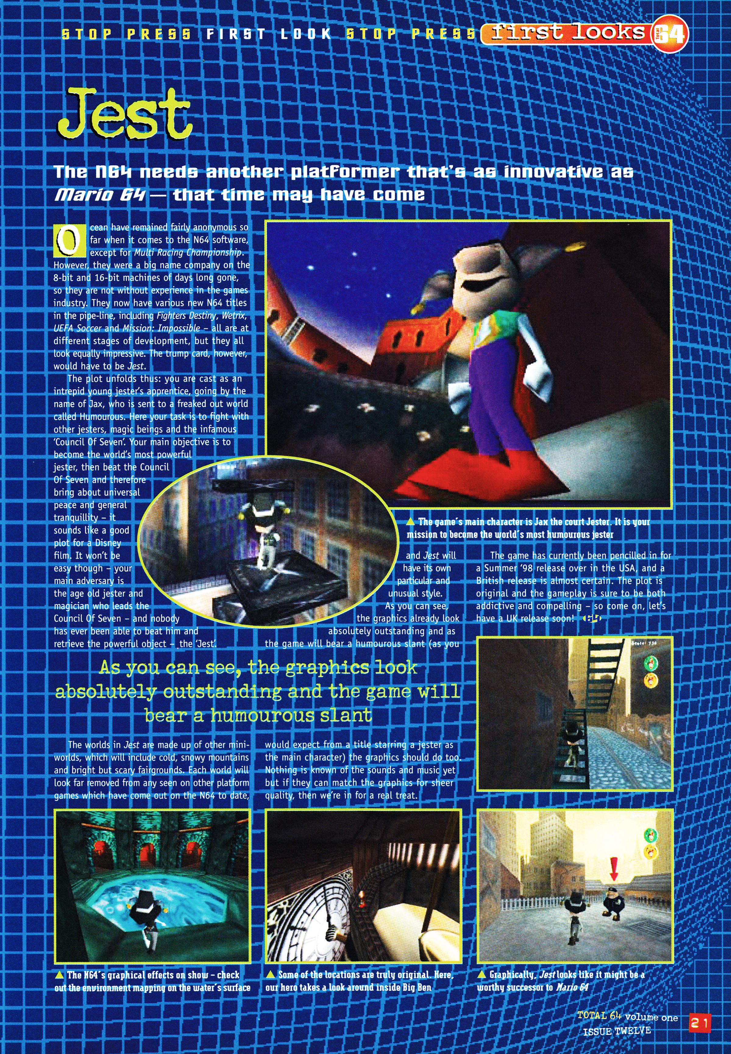 Next is the unreleased Jest by Curved Logic for the Nintendo 64.
Taken from Total 64 No.12 Volume 1 Issue 12 - January 1998 (UK)