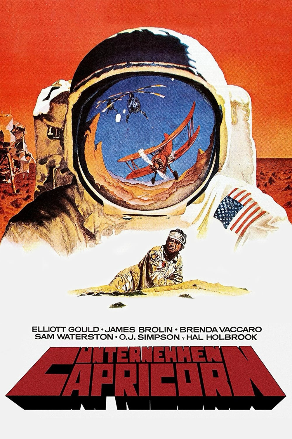 Capricorn One Movie Poster - includes a space helmet that reflects a dogfight between a helicopter and a biplane.