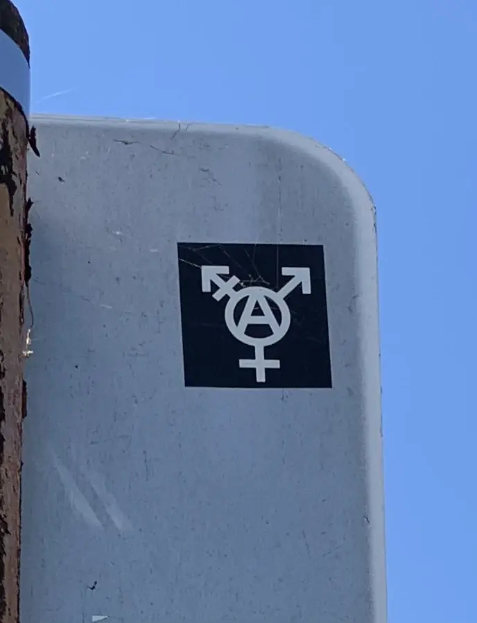 A photo of a black and white sticker on the back of a traffic sign. The sticker has a transgender symbol with an A inside it, representing tranarchy 