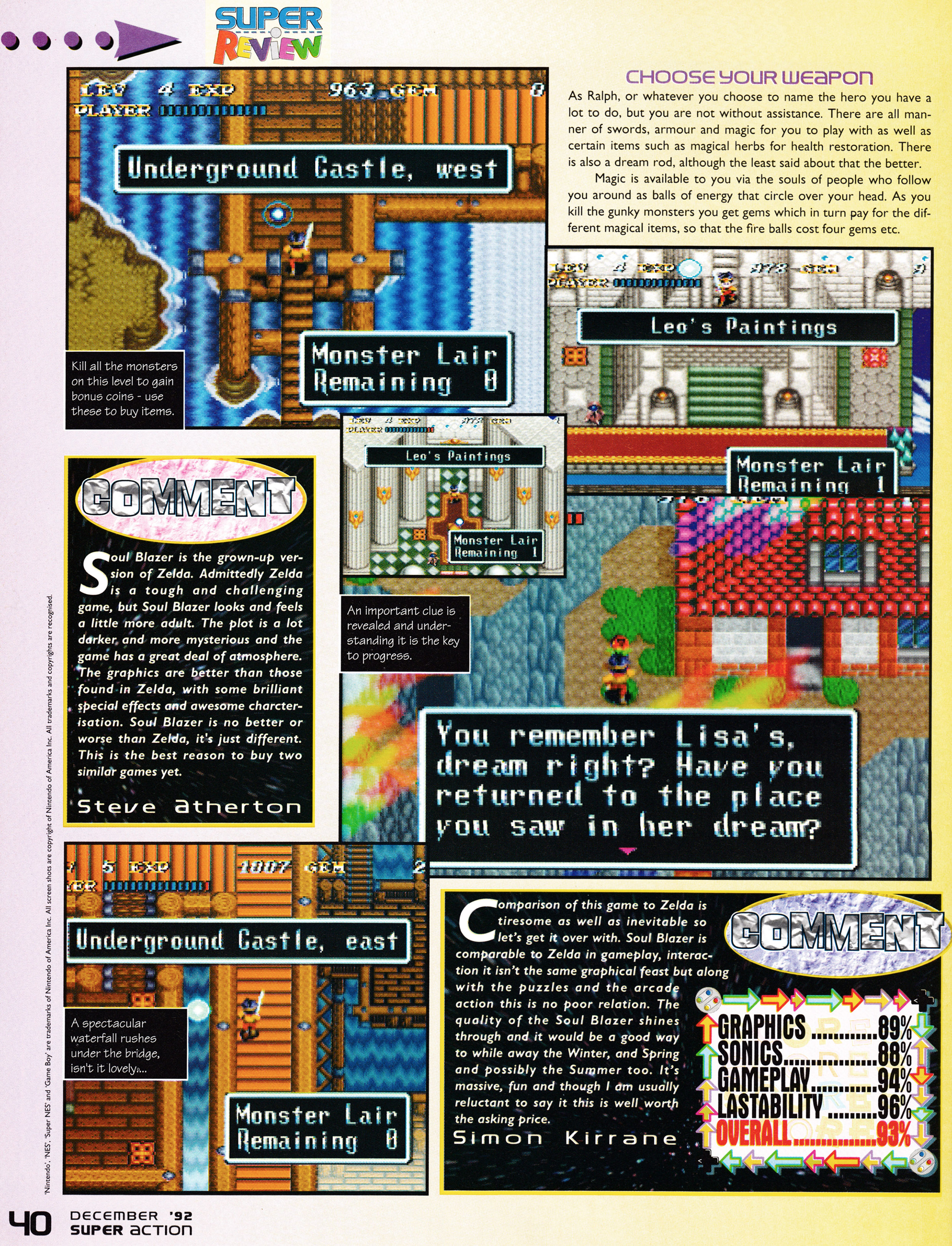 Review for Soul Blazer on Super Nintendo from Super Action 3 - December 1992 (UK)

score: 93%