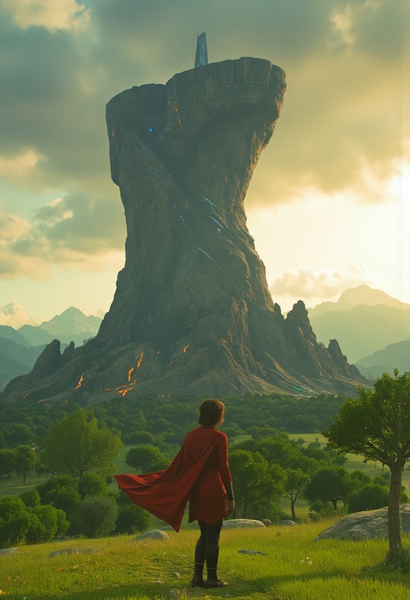 A person standing in a grassy field facing away from the viewer, looking towards a colossal tower-like rock formation that rises dramatically from the ground into the sky. Atop this monolith is a structure with glowing blue elements. Around the base of this towering rock, an orange glow can be seen emanating from the rocks, along with smaller green hills dotted with trees under a hazy sky suffused with warm light.