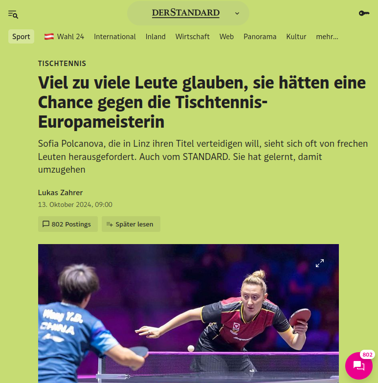 Screenshot des Artikels auf standard.at: Text s.o., das Bild darunter zeigt Sofia Polcanova im Spiel gegen Wnag Y.D. aus China 