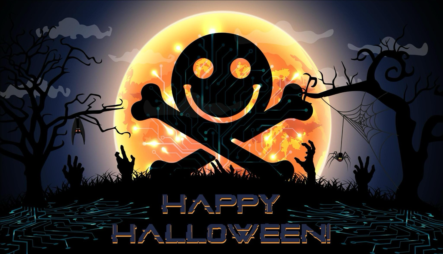 DEF CON logo rising out of a spooky moonlit night wishing you a happy Halloween.