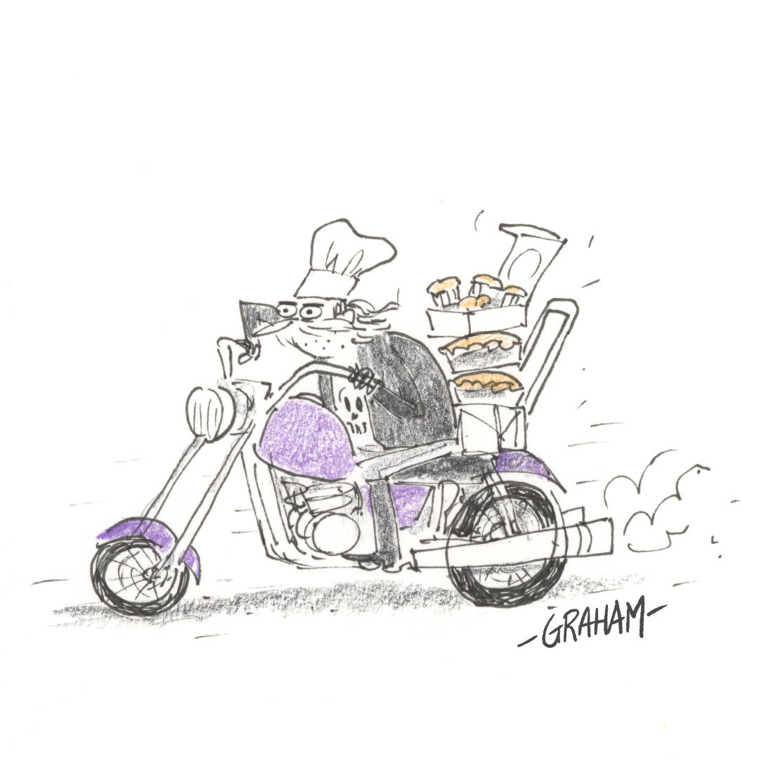 A cartoon illustration of a biker riding a chopper with a baker's hat on and a bunch of pies, muffins, and baked goods on the seat behind him.