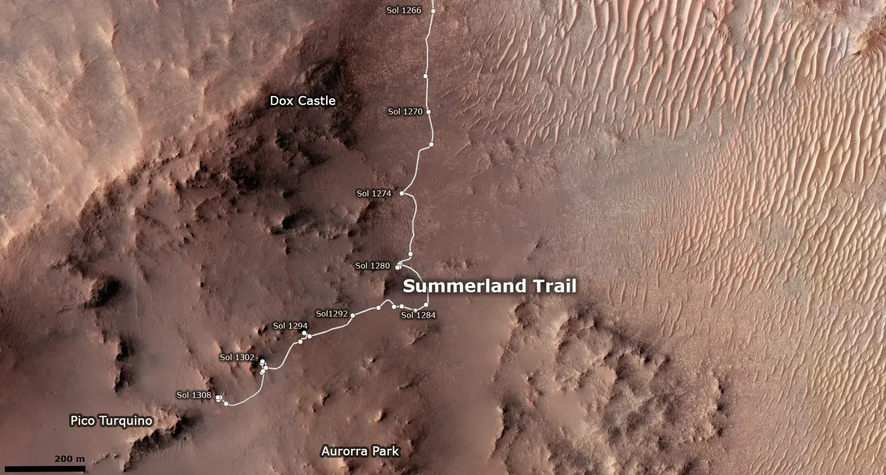 A Map of Perseverace's route on the Summerland trial up to Sol 1308