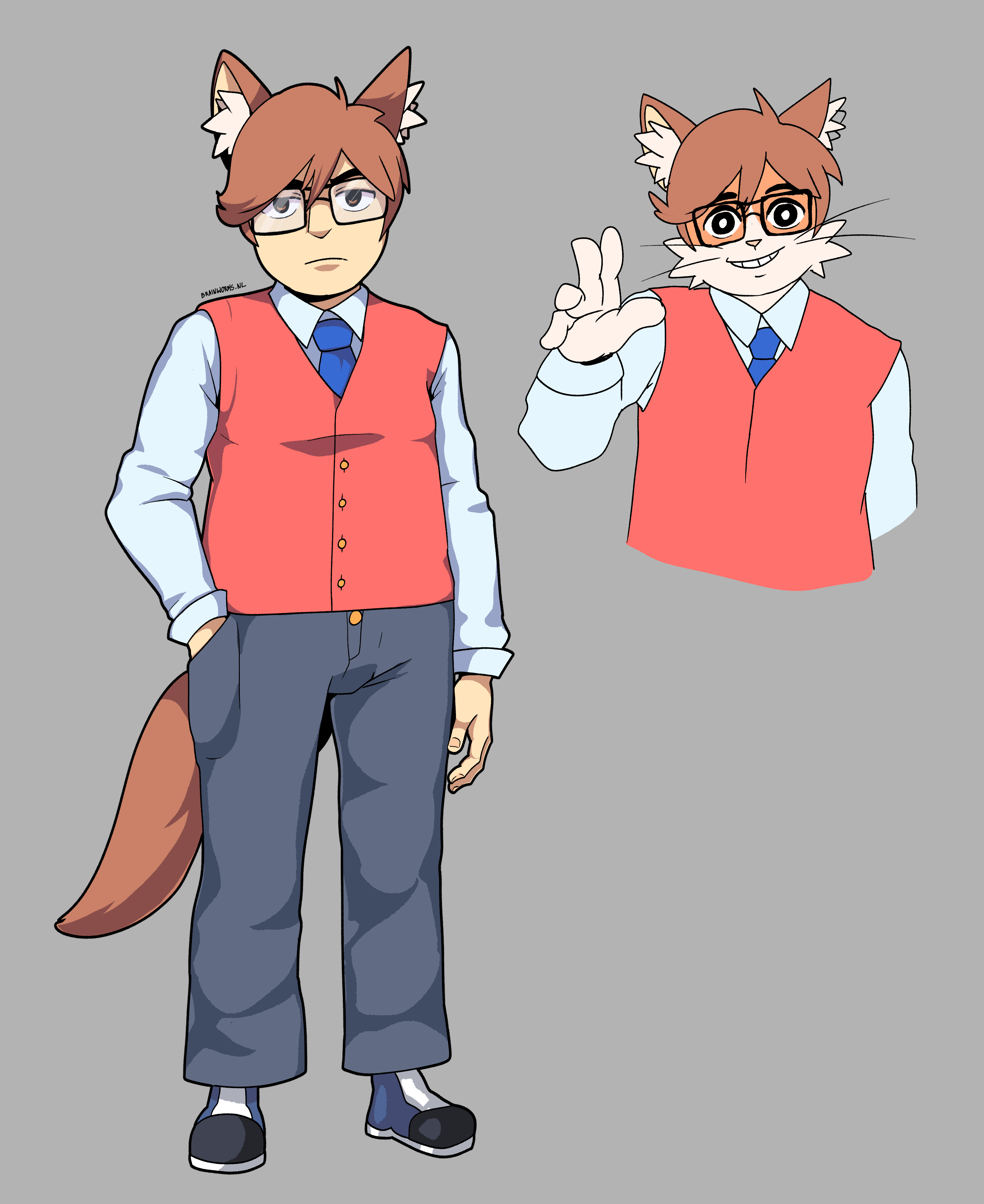 a fullbody illustration of a man in his 20s, with brown short hair, cat ears of same color and a tail. he wears a shirt with tie with a red sweater vest on top and black pants. he has those big glasses nerd guys would wear in the 80s/90s

next to that is a rather crude and unshaded doodle of his cat self, but only the top half.

guy is also a bit chubby as god intended men to be