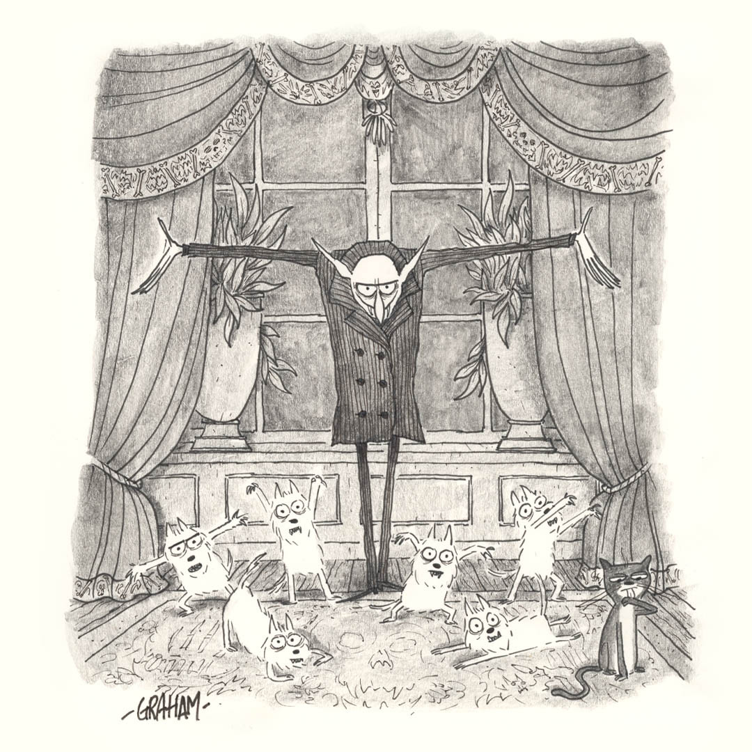 A cartoon illustration of a Nosferatu-looking vampire standing with his arms out in his living room surrounded by a group of sinister, cute West Highland Terriers.