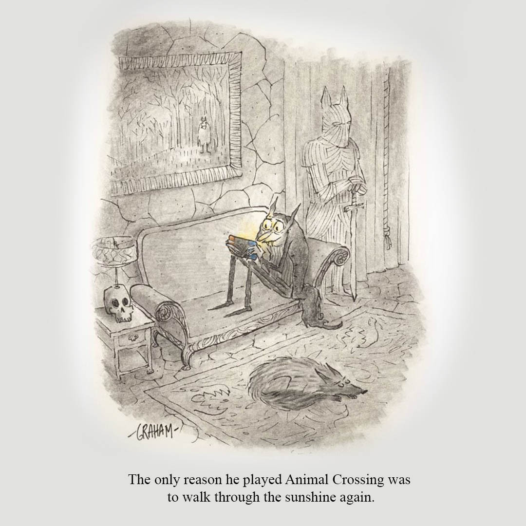 A cartoon illustration of a vampire sitting on his couch playing a game of Animal Crossing on his Nintendo Switch. The caption underneath reads "The only reason he played Animal Crossing was to walk through the sunshine again."