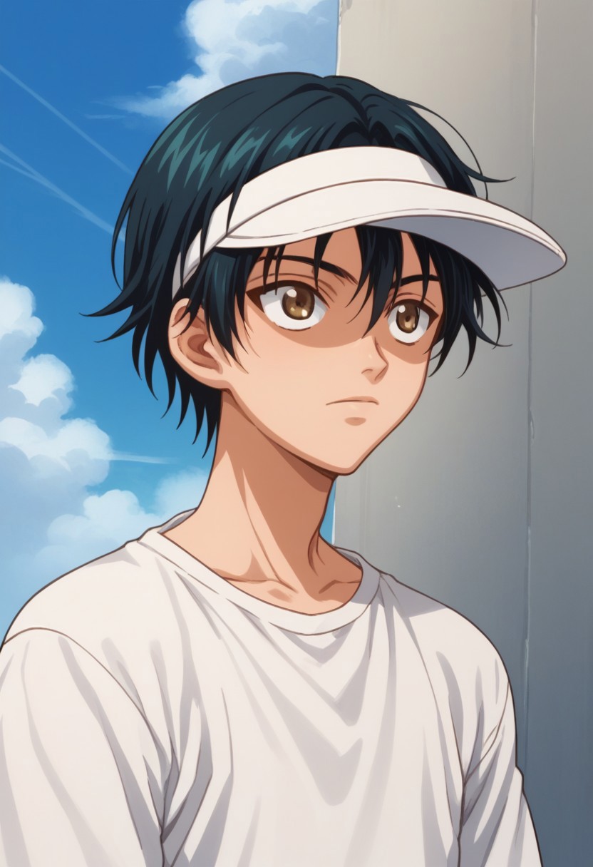 A young man with amber eyes and dark blue hair. He wears a white visor cap and a plain white t-shirt. The background features a blue sky with white clouds and a white wall to his right. 