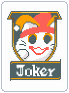 a pixel artwork of hertog's avatar, looking like a balatro joker. matter of fact the entire card is supposed to look like a balatro joker card. instead of the crown he has the jester hat and he has the joker makeup. and he's white not yellow. underneath there's a text "Joker" in a somewhat funky medieval font