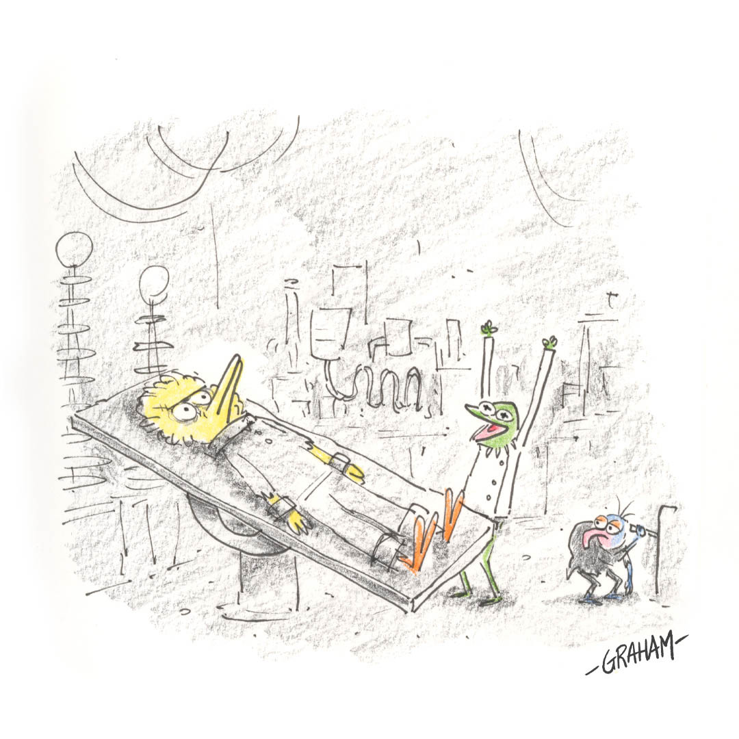 A cartoon illustration of Kermit as Dr.Frankenstein, Gonzo as Igor, and Big Bird as the Monster in the moment that the Monster comes alive on the table.