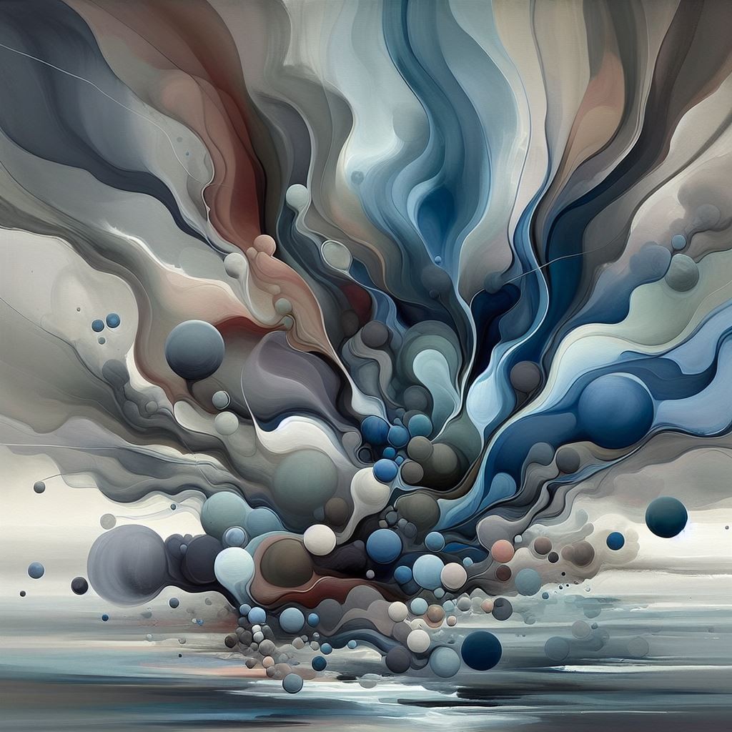 An abstract painting in blues, greens, greys, reds, and the shades that can be made by mixing them. There is a very fluid-art feel to the background which rises from what may be a a seabed or beach, with bubbles rising in the forefront as well as captured within the rising plumes of color.  