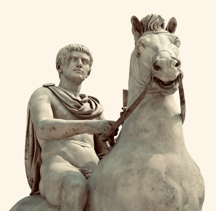 Equestrian statue identified as the emperor Gaius (more infamously known as Caligula) held in the British Museum. Caligula is heroically nude with only a cloak offering some slight coverage across the chest and back. He sits astride a horse.