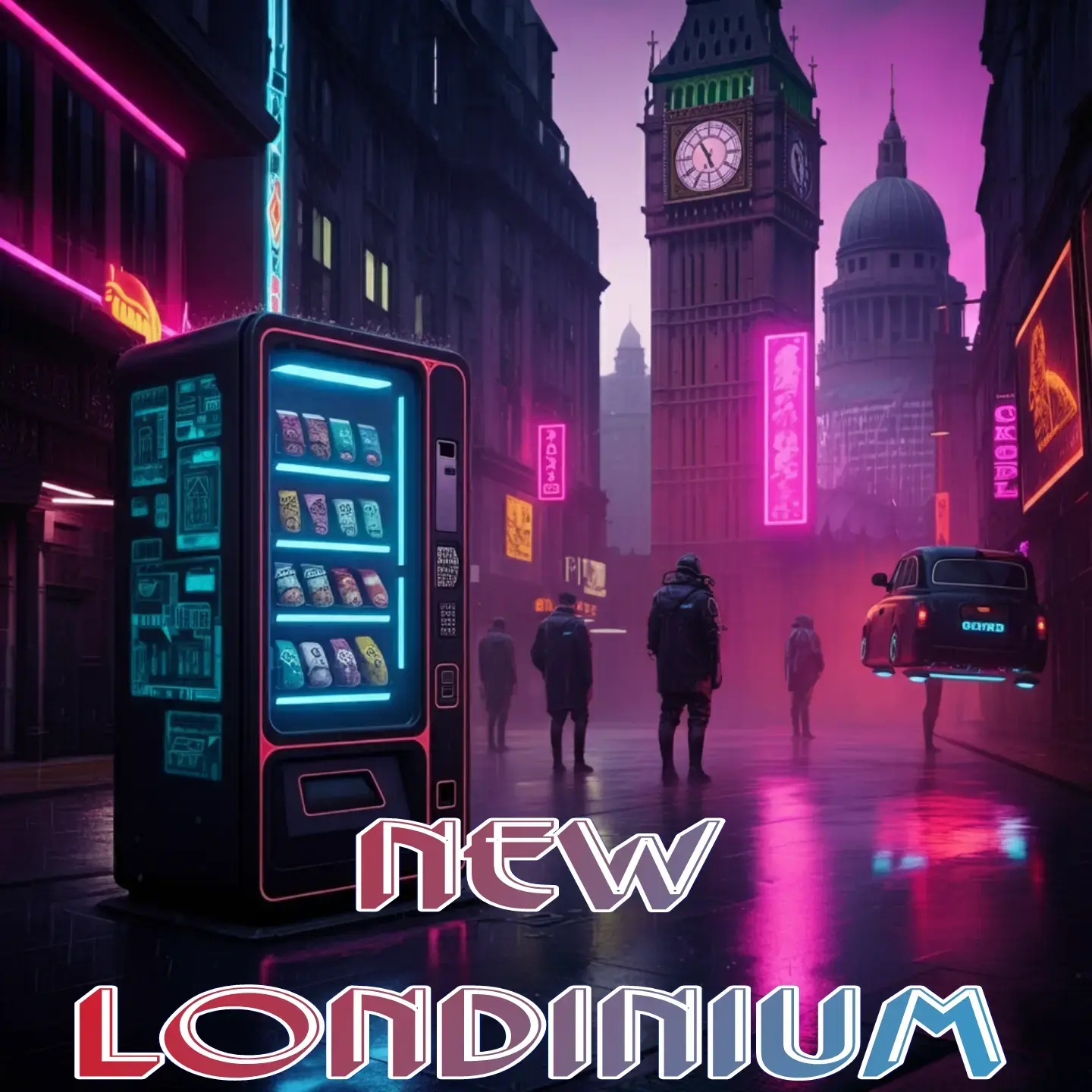 A futuristic vending machine in the middle of a neon-lit british cyberpunk city, dispensing glowing, holographic snacks and drinks.