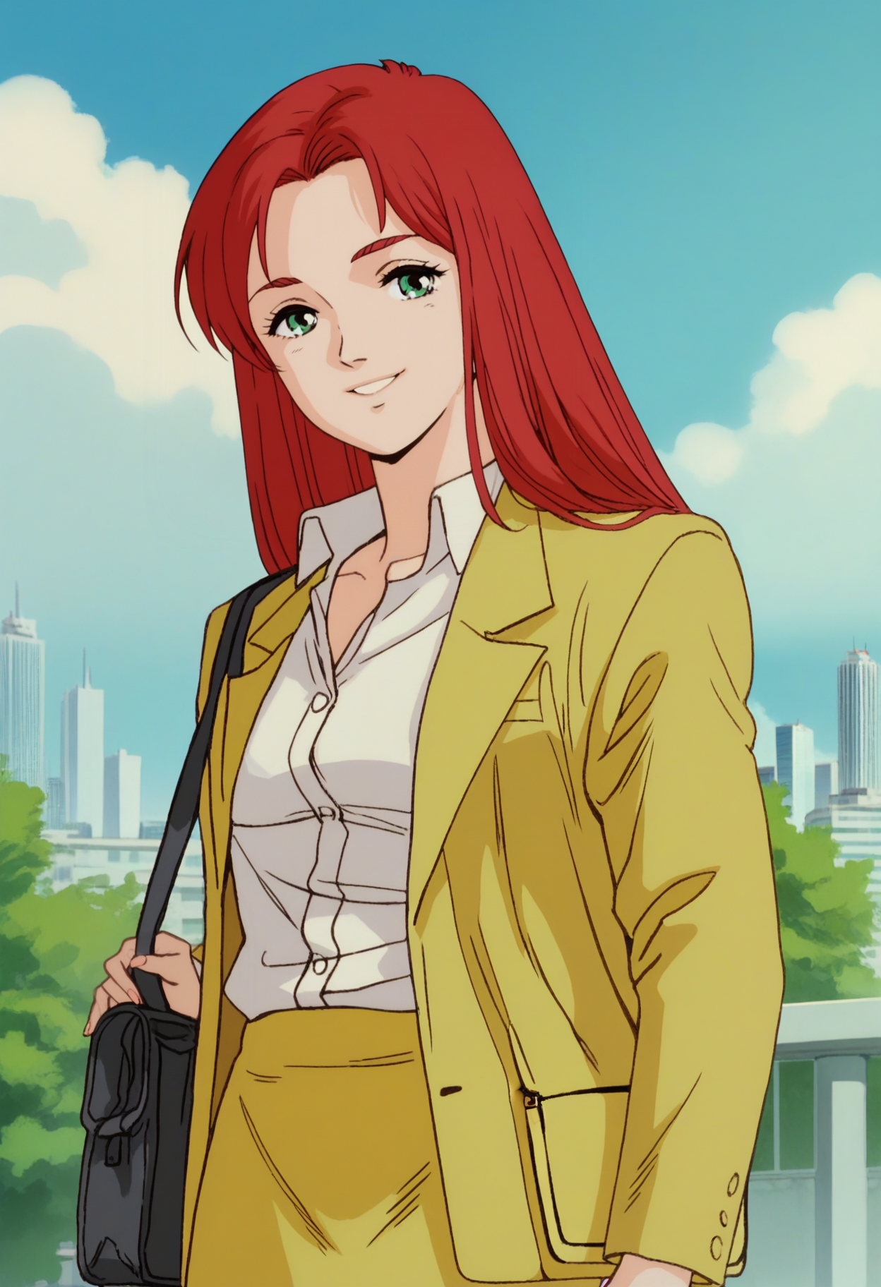 A young woman with long red hair, green eyes, and a gentle smile. She is dressed in a yellow blazer over a white blouse, with a matching yellow skirt. She carries a black handbag slung over her shoulder. The background shows a cityscape with modern buildings under a blue sky with white clouds. 