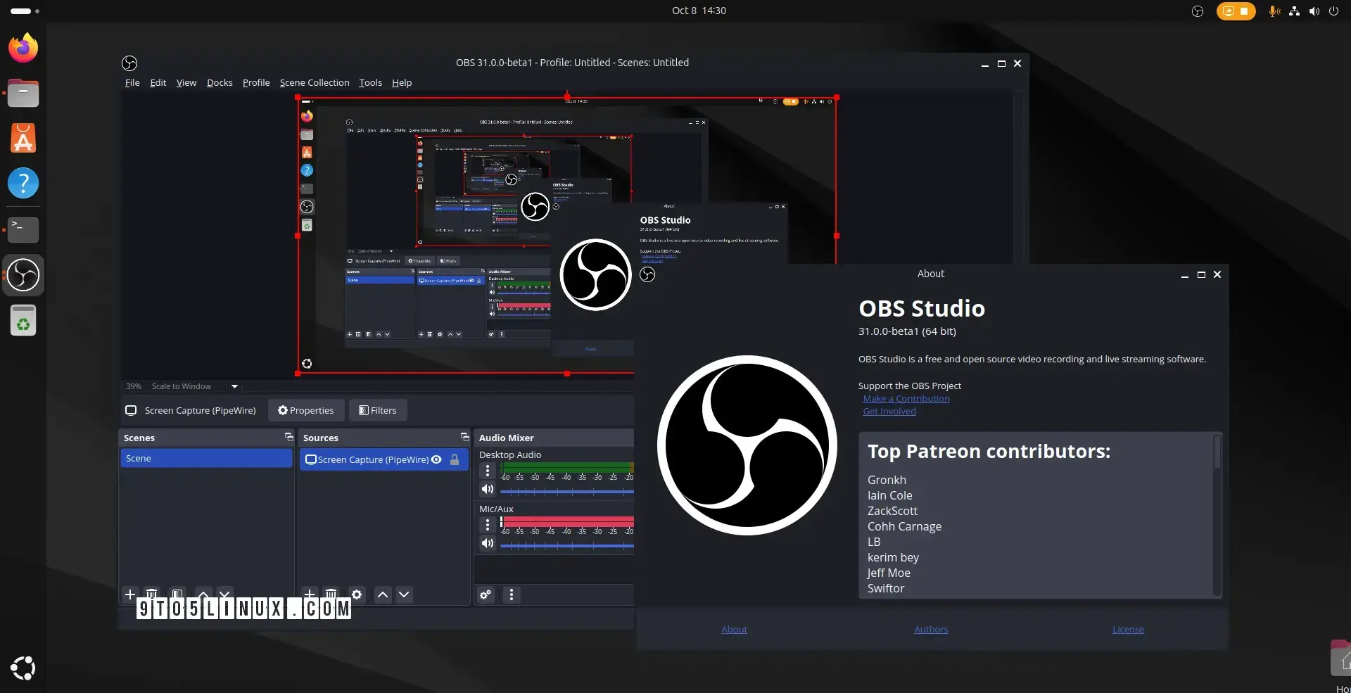 Screenshot of OBS Studio 31.0 beta showing the main window while capturing the screen and the About OBS Studio dialog.