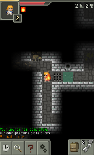 A screenshot from the original Pixel Dungeon circa 2012. Several graphical elements are outdated compared to the current version of Pixel Dungeon, and compared to Shattered Pixel Dungeon. Most notably, the hero sprite is completely different in this screenshot, using a design that was scrapped shortly after.