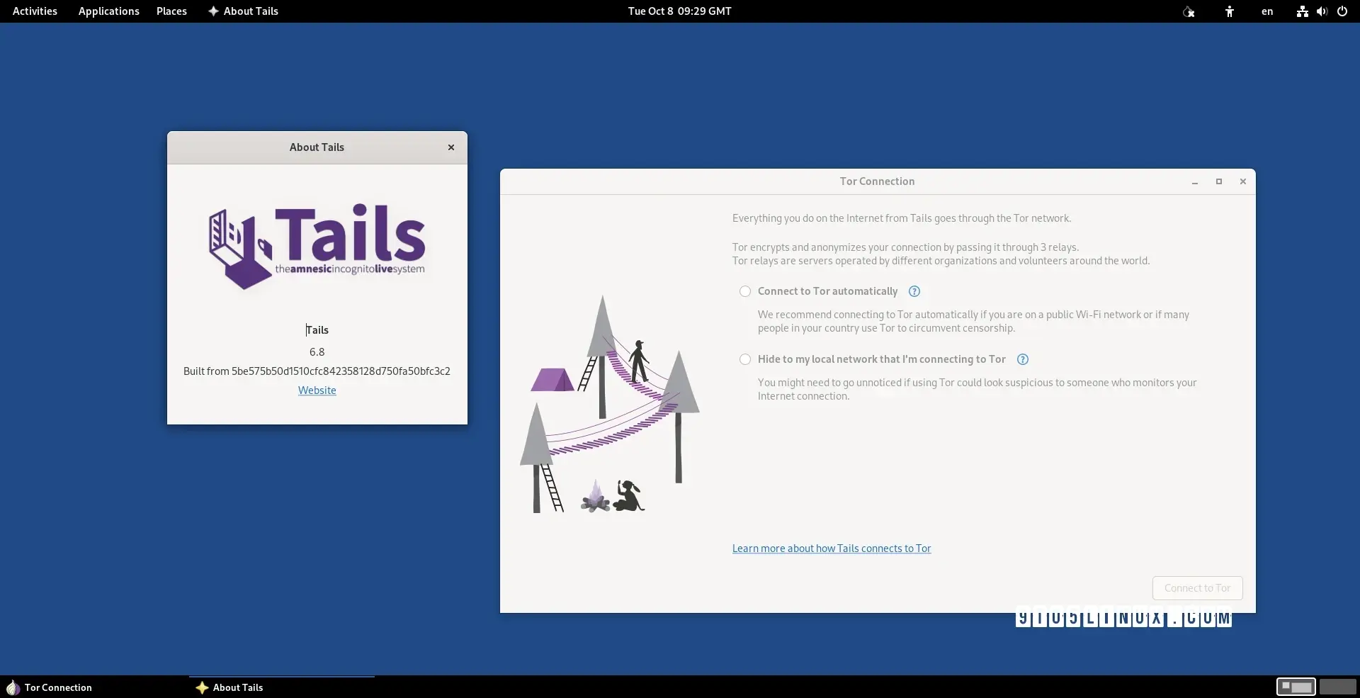 Screenshot of Tails 6.8 showing the About Tails dialog and the Tor Connection app.