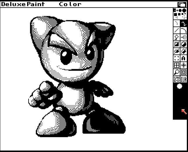 a monochrome pixel drawing of Fella (the gray old deviantart mascot) pointing at the viewer with a smug

the art is displayed in a deluxepaint window, but it was drawing in DPaint.js