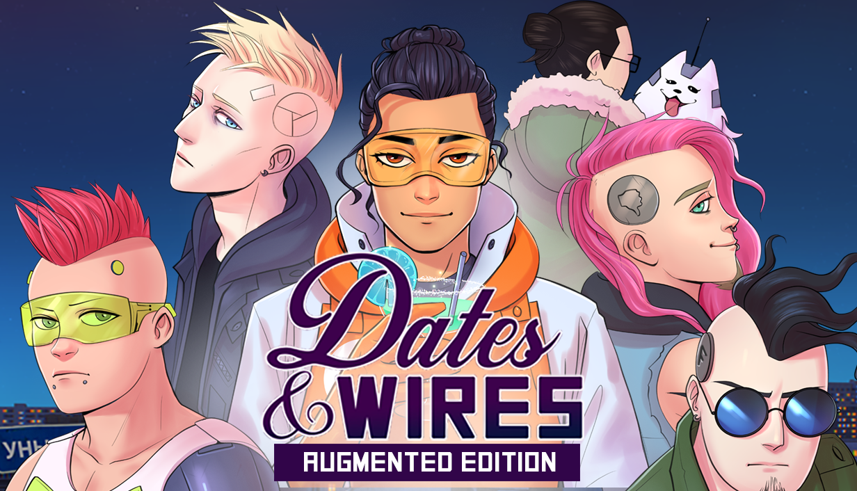 Dates & Wires: Augmented Edition is a cyberpunk dating sim VN with 6 love interests (pictured also a cybernetic dog, not a love interest)