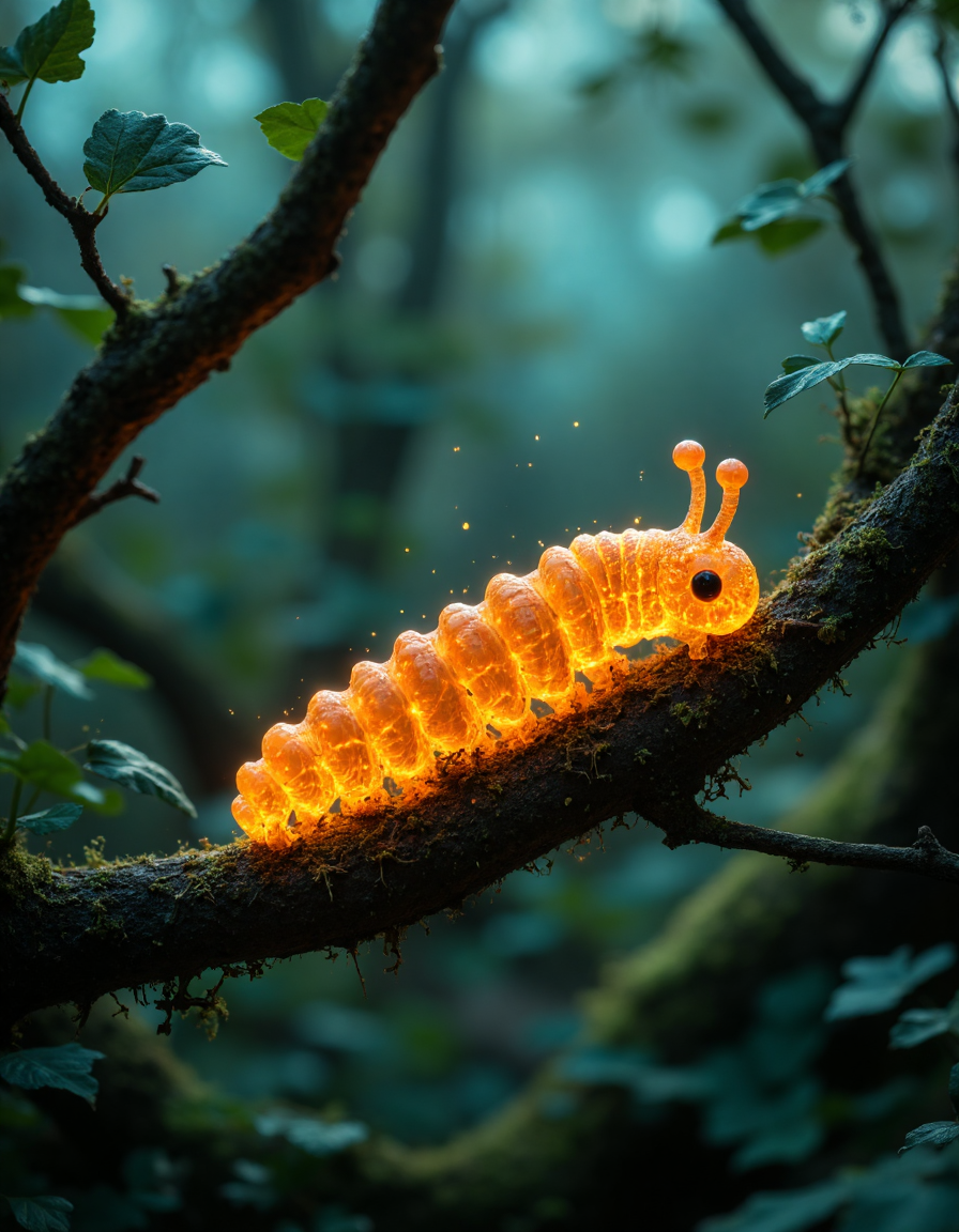 A glowing caterpillar-like creature perched on a tree branch. The creature emits a warm, orange light and tiny floating particles in the air. The background is a soft-focus view of a forest with shades of blue and green.