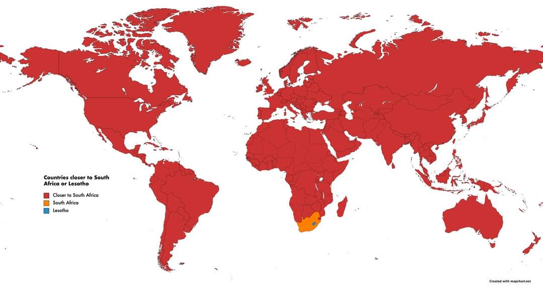 World map titled "Countries closer to South Africa or Lesotho" with South Africa and Lesotho highlighted