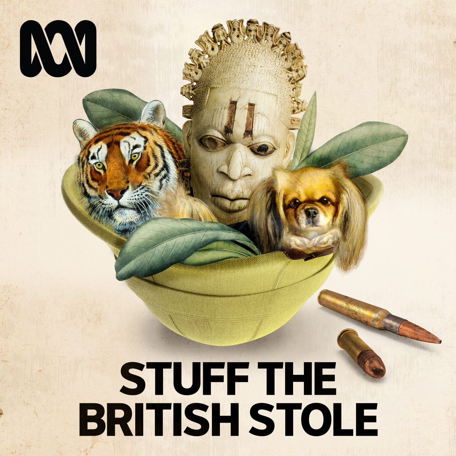 
Title image of the podcast. In the centre is a colonial hat with a tiger head, green leaves, a dog-like head and a human portrait in the form of a mask. Next to the hat are two ammunition catridges. At the bottom of the image is the text: Stuff the British stole.
