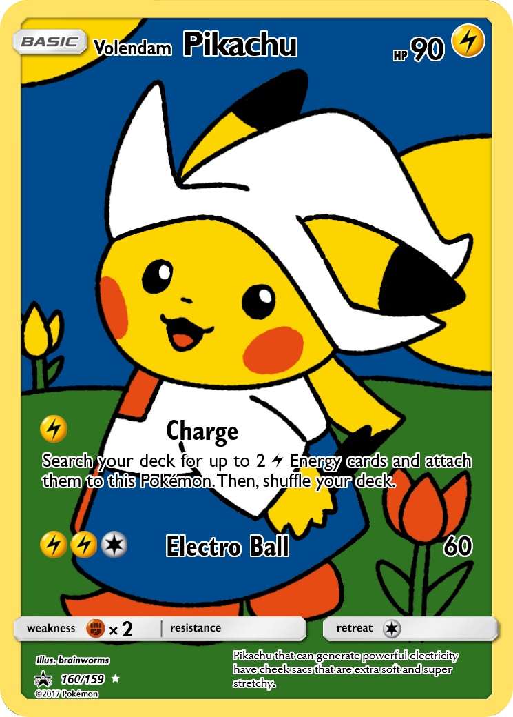 a fullart card of pikachu in the feminine outfit associated with the volendam region of netherlands; the art itself is stylized after art from children's books featuring miffy (lots of primary and saturated colors, simple linework)