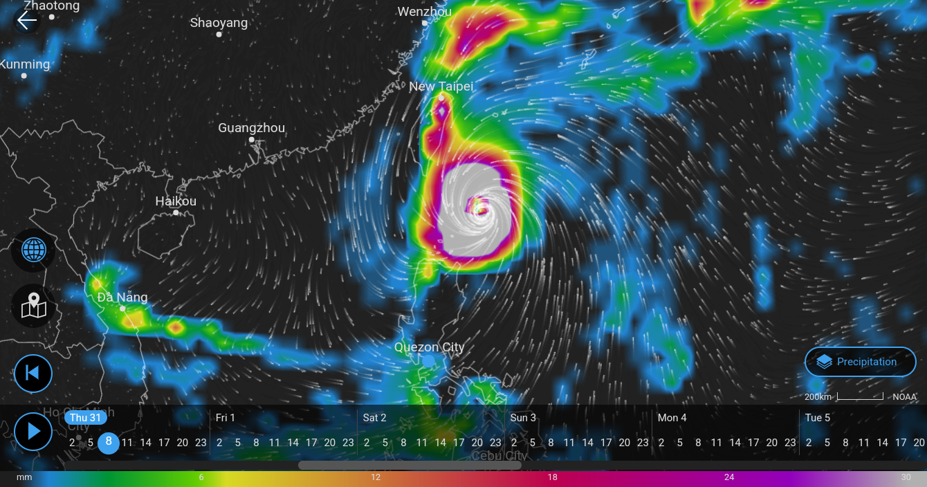 A screenshot of the NOAA weather prediction model showing storm Leon (international name: Kong-rey) developed into a typhoon. In this screenshot, the date is Thursday, October 31, 2024 8:00 am, and it's ravaging Batanes group of islands in Northern Philippines, and will directly hit Taiwan.

For this screenshot, it shows the precipitation.
