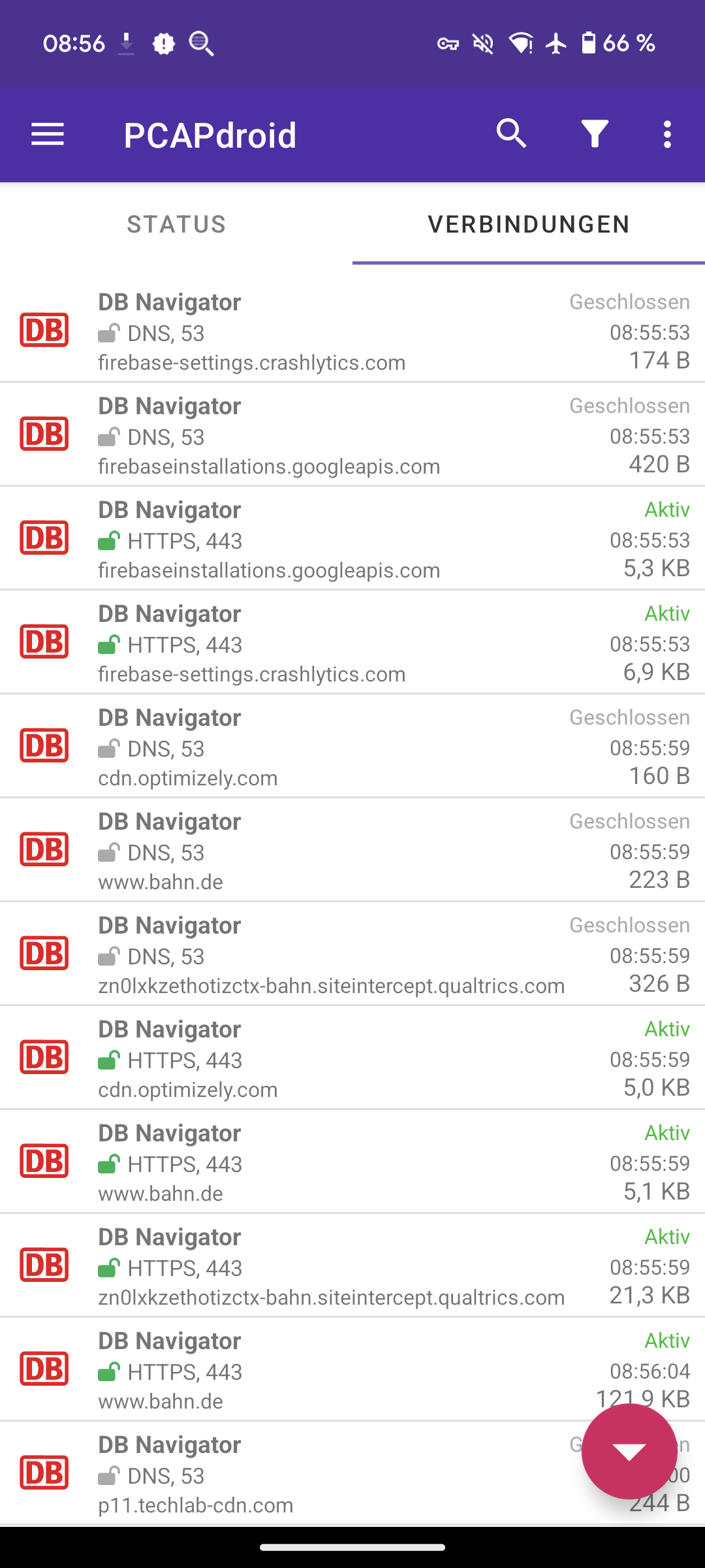 Screenshot der App PCAPdroid, die Netzwerkverbindungen anzeigt. Zu sehen sind verschiedene Verbindungen der App 'DB Navigator', die sowohl DNS- als auch HTTPS-Anfragen an verschiedene Domains senden, wie firebase-settings.crashlytics.com, firebaseinstallations.googleapis.com, cdn.optimizely.com und bahn.de. Einige Verbindungen sind als 'Aktiv' gekennzeichnet, andere als 'Geschlossen'. Neben jeder Verbindung wird die verwendete Datenmenge in Bytes oder Kilobytes angezeigt.