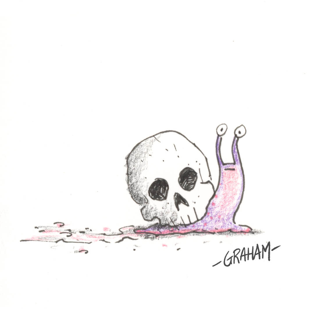 A cartoon illustration of a snail with a skull for a shell.