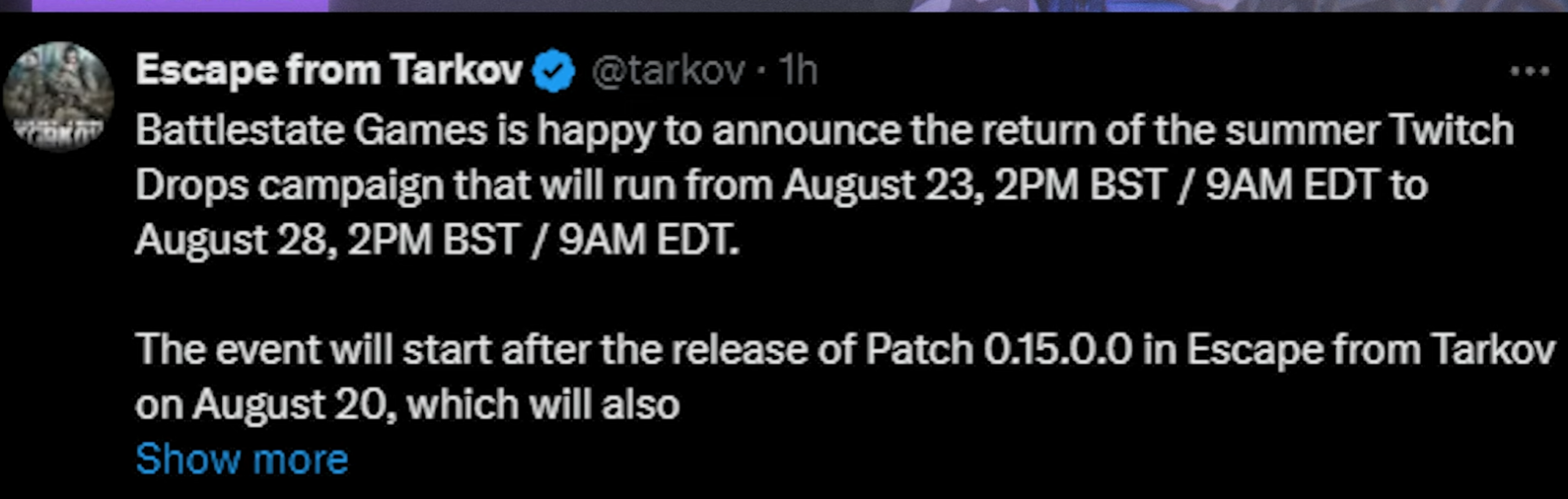 Screenshot of an official tweet confirming twitch drops from August 23rd 2 PM BST, and the patch release on august 20th