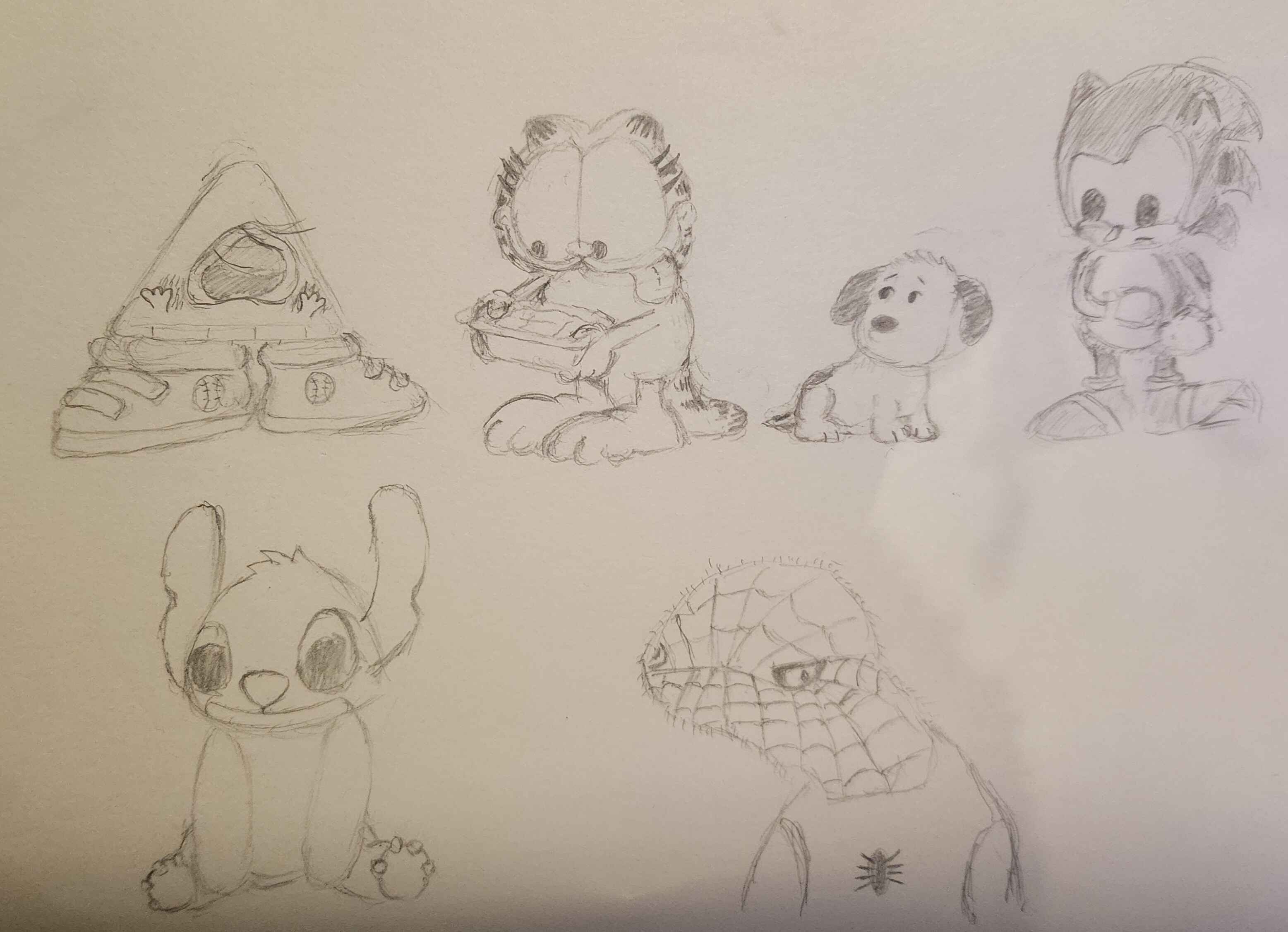 Baby bill cipher, Garfield, snoopy, and Sonic, Stitch and Spoderman