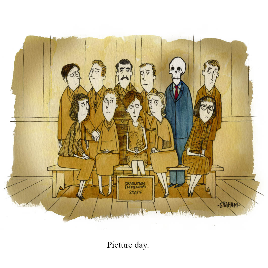 A cartoon illustration of a elementary school staff photo of teachers looking nervously at the Principal who is a skeleton in a blue suit. Caption underneath reads "Picture day."